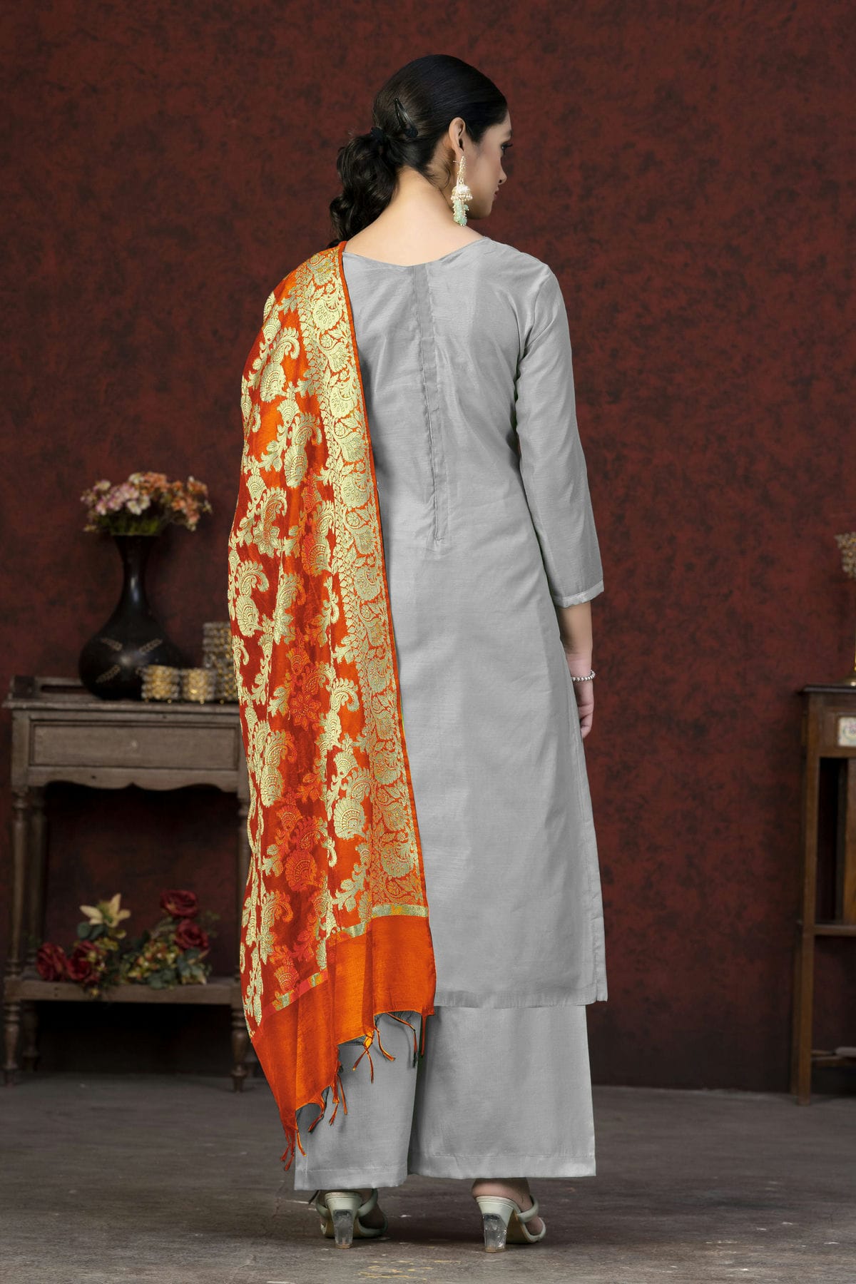 Grey Colour Unstitched Banarasi Jacquard Palazoo Pant Suit