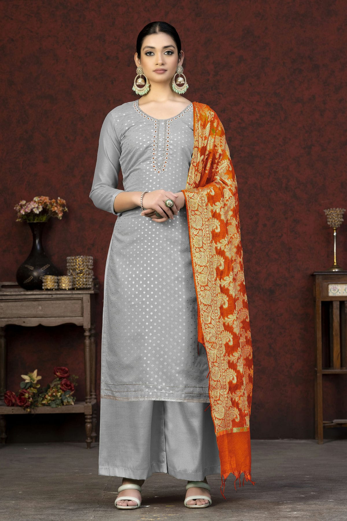 Grey Colour Unstitched Banarasi Jacquard Palazoo Pant Suit