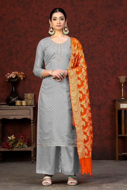 Grey Colour Unstitched Banarasi Jacquard Palazoo Pant Suit