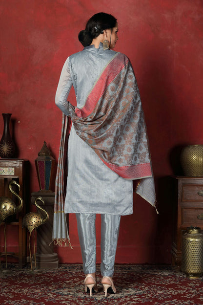 Grey Colour Unstitched Banarasi Silk Churidar Suit