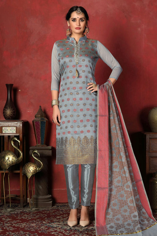 Grey Colour Unstitched Banarasi Silk Churidar Suit