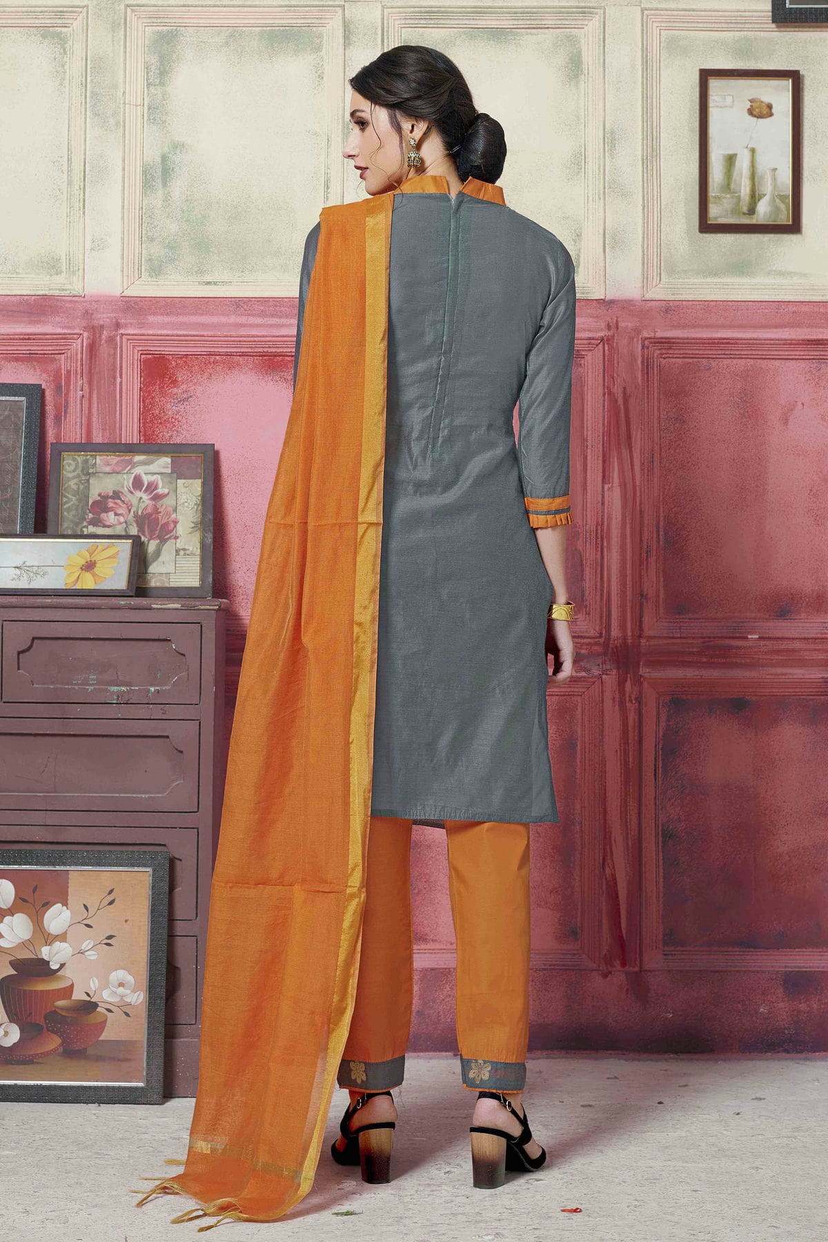 Grey Colour Unstitched Banarasi Silk Fabric Straight Suit