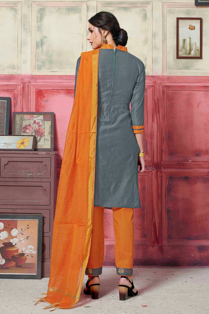 Grey Colour Unstitched Banarasi Silk Fabric Straight Suit