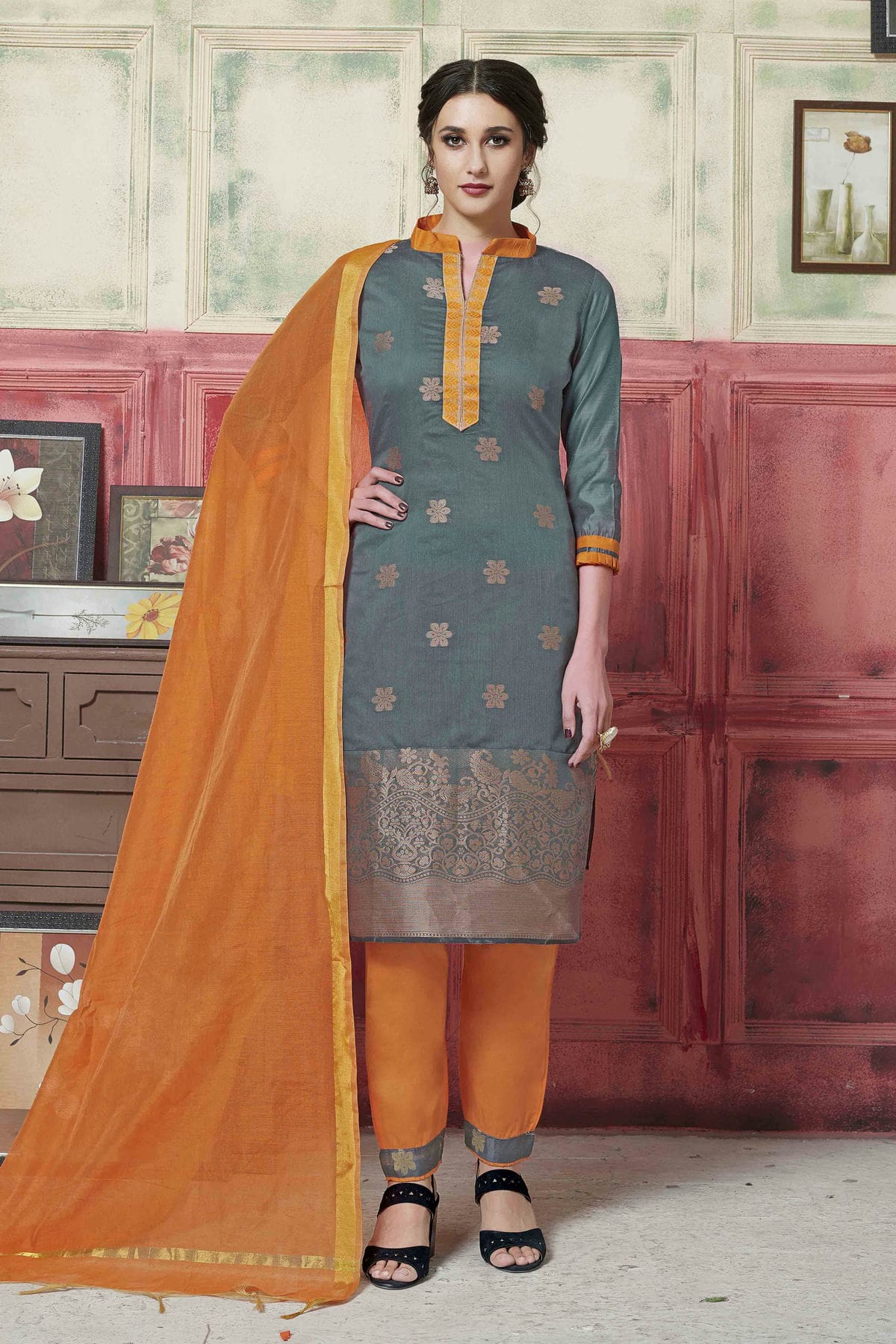 Grey Colour Unstitched Banarasi Silk Fabric Straight Suit