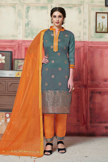 Grey Colour Unstitched Banarasi Silk Fabric Straight Suit