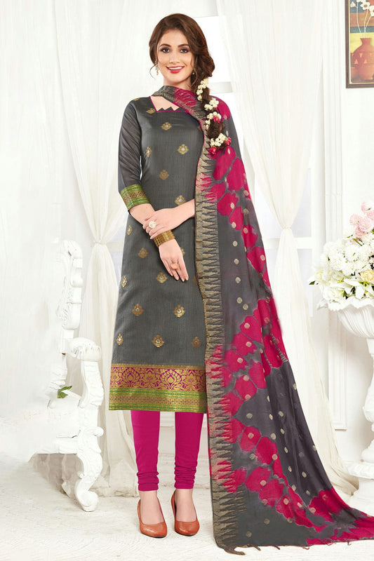 Grey Colour Unstitched Banarasi Silk Straight Suit