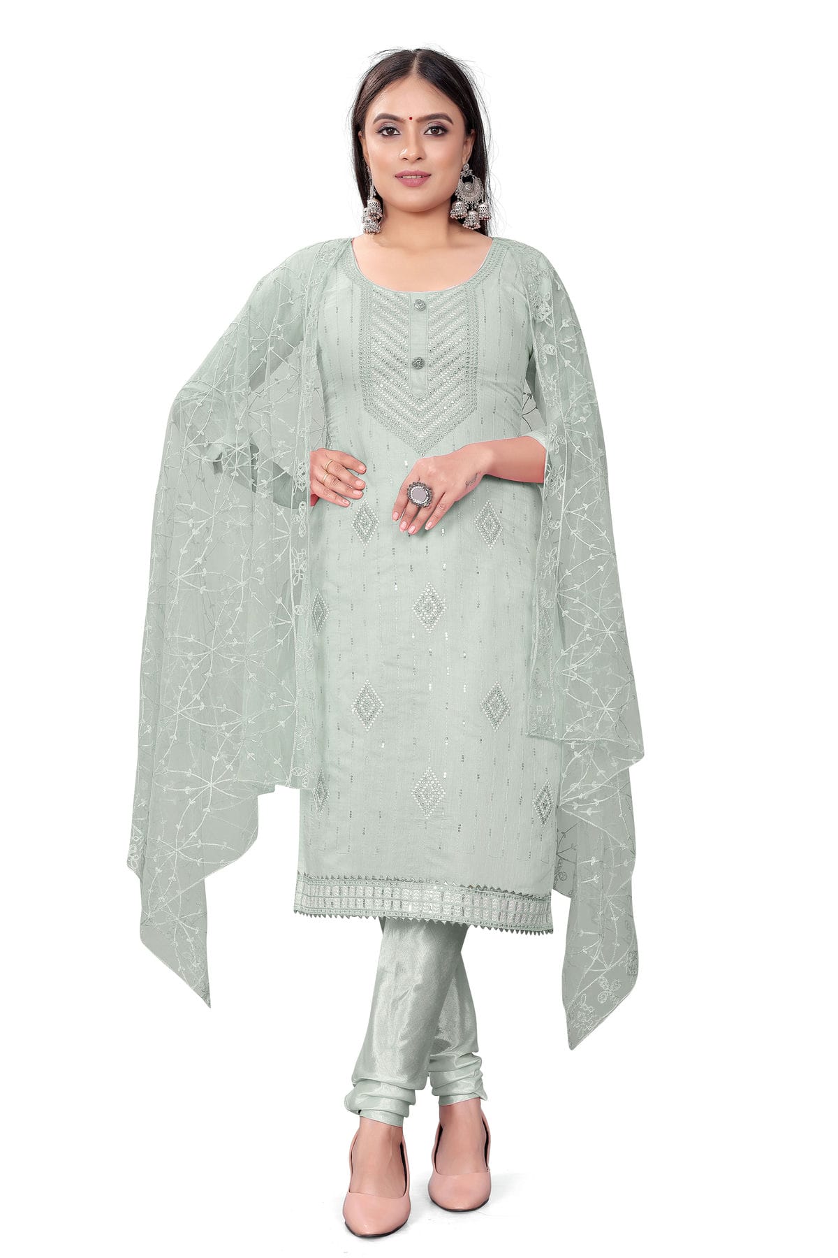 Grey Colour Unstitched Chanderi Cotton Churidar Suit