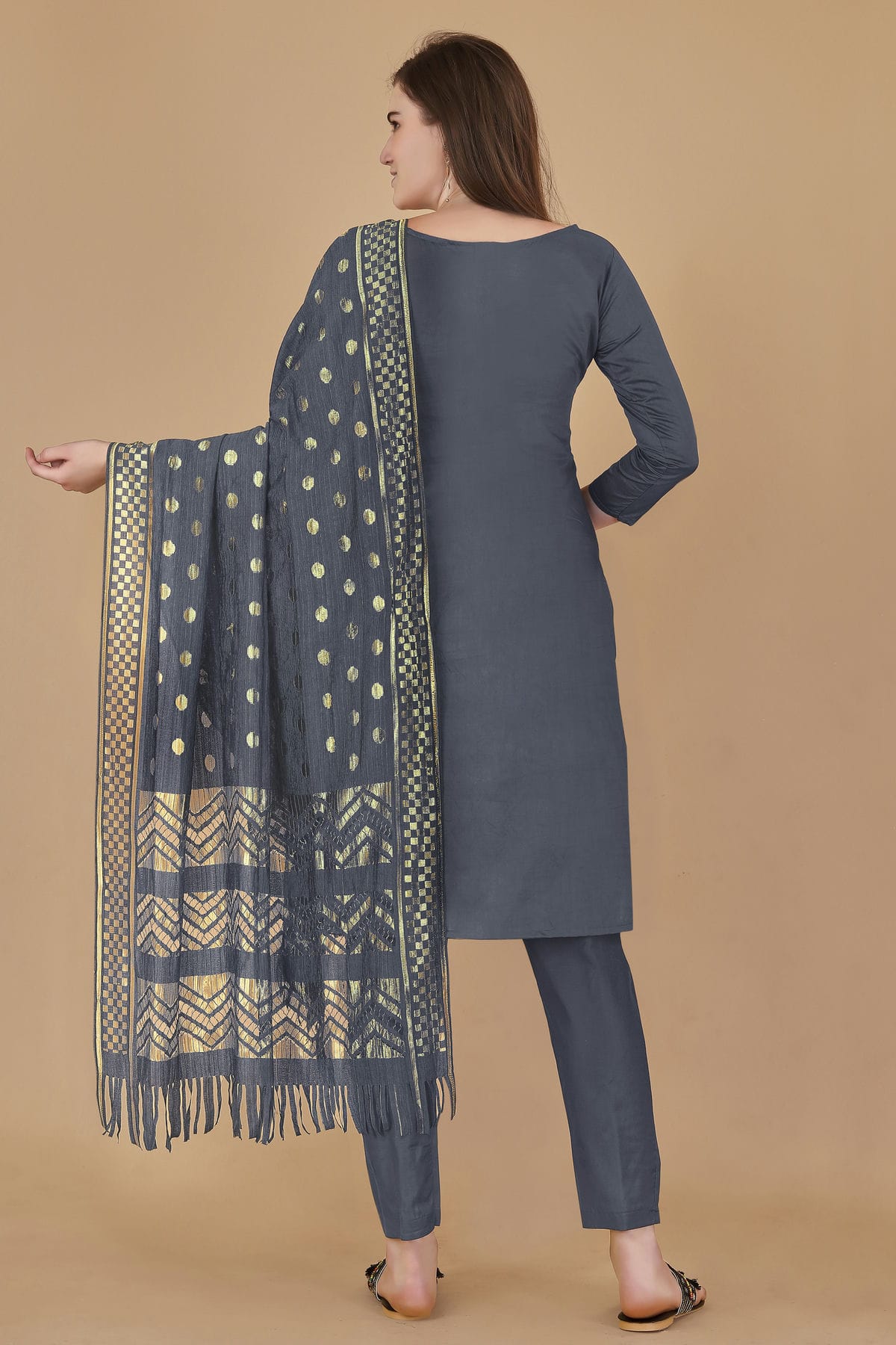 Grey Colour Unstitched Cotton Jacquard Straight Suit