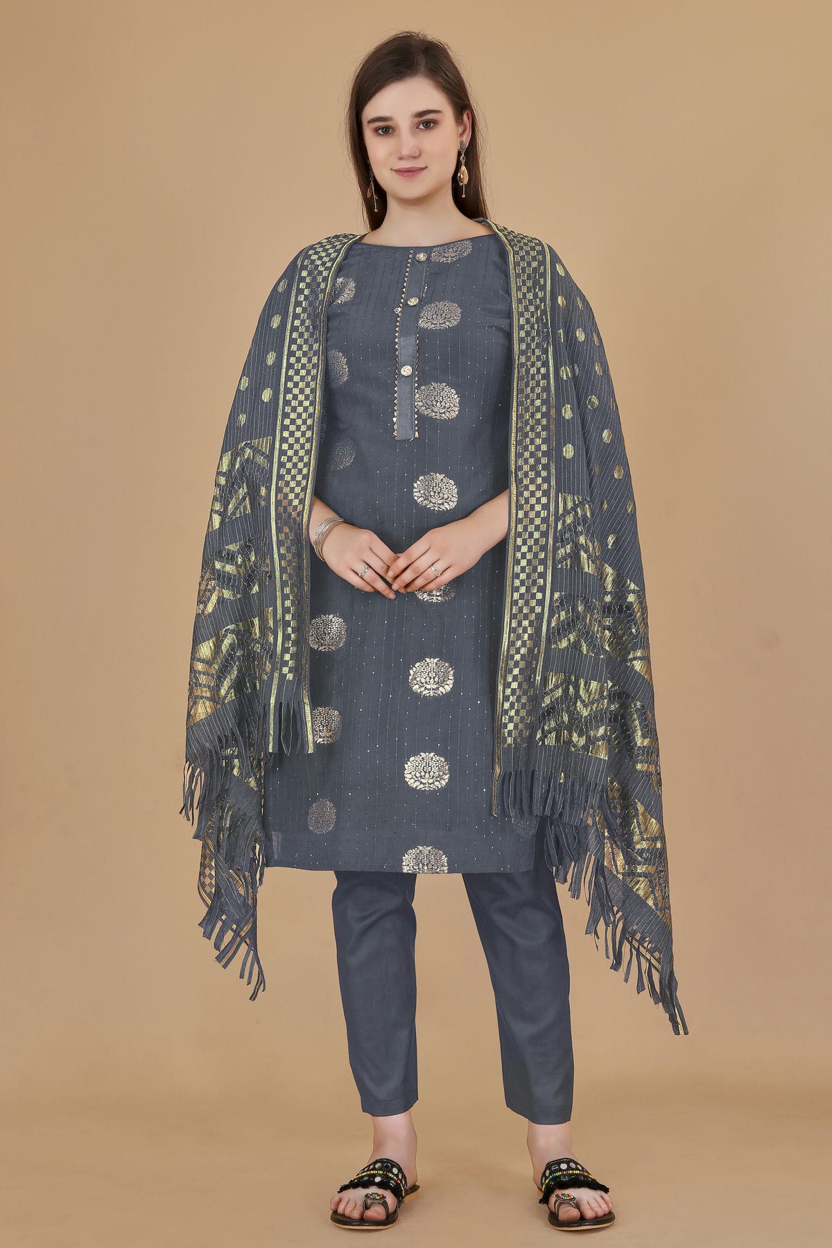 Grey Colour Unstitched Cotton Jacquard Straight Suit