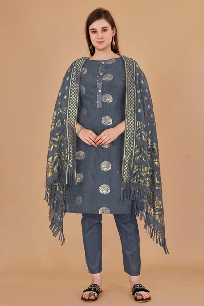 Grey Colour Unstitched Cotton Jacquard Straight Suit