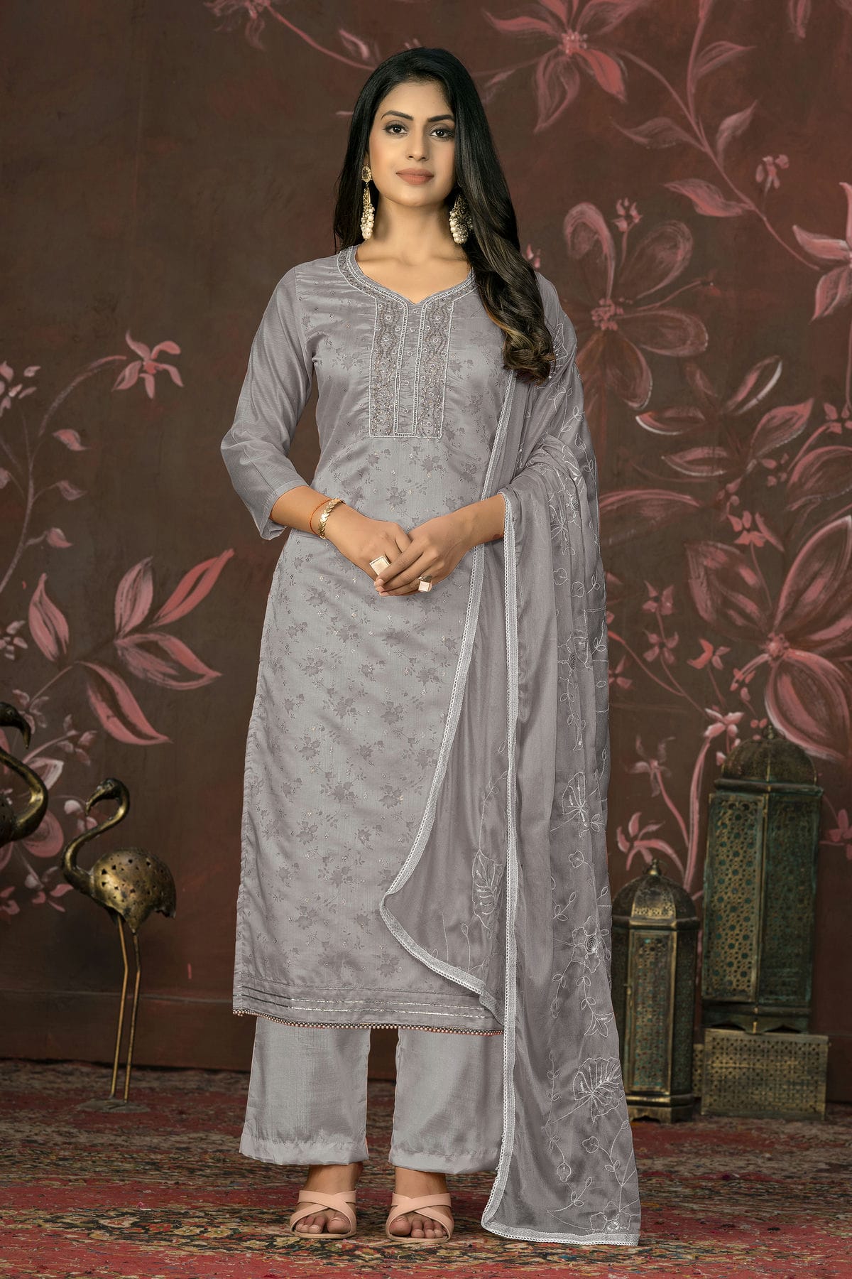 Grey Colour Unstitched Cotton Jacquard Straight Suit