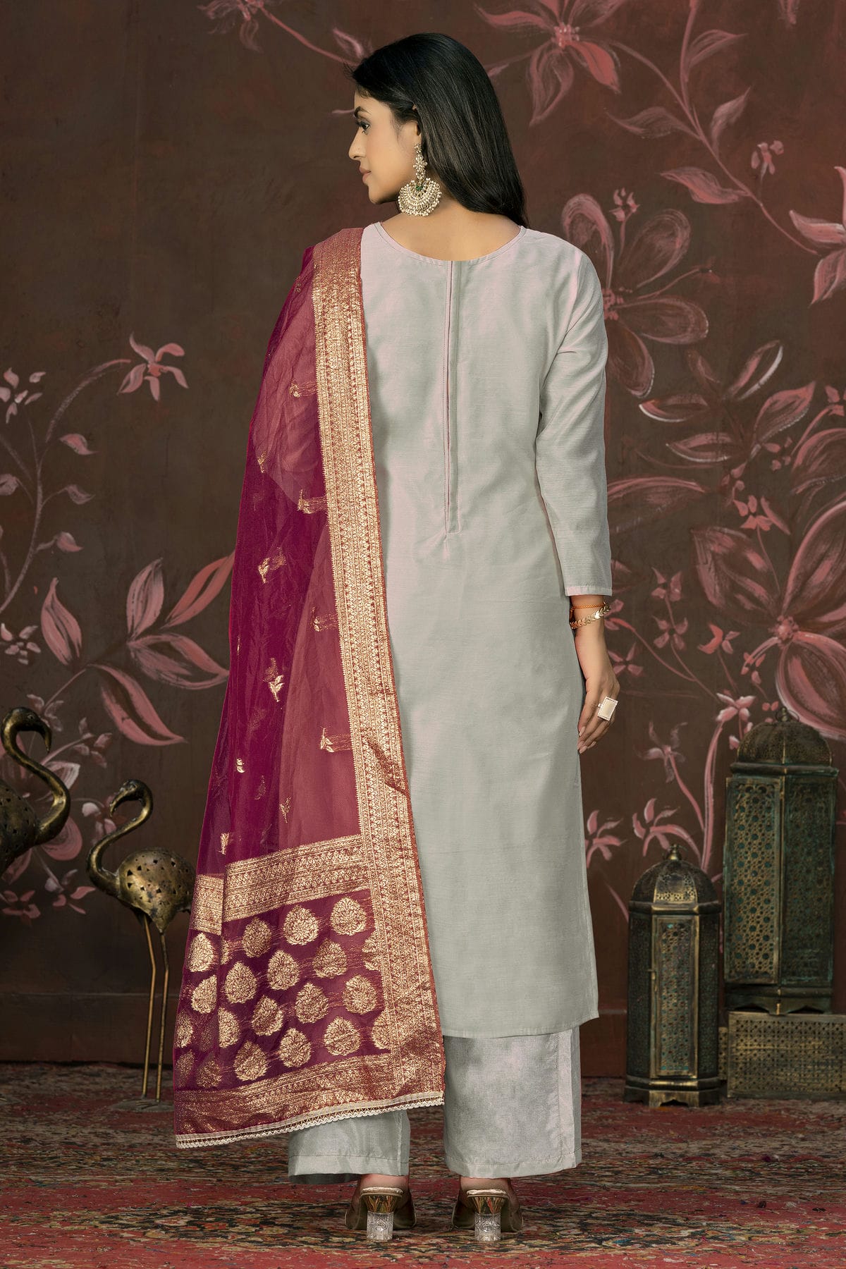 Grey Colour Unstitched Cotton Jacquard Straight Suit