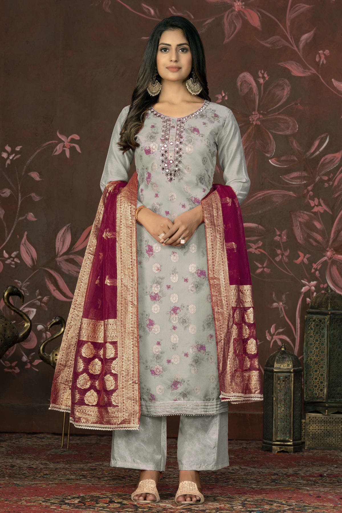 Grey Colour Unstitched Cotton Jacquard Straight Suit