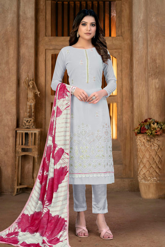 Grey Colour Unstitched Georgette Fabric Straight Suit