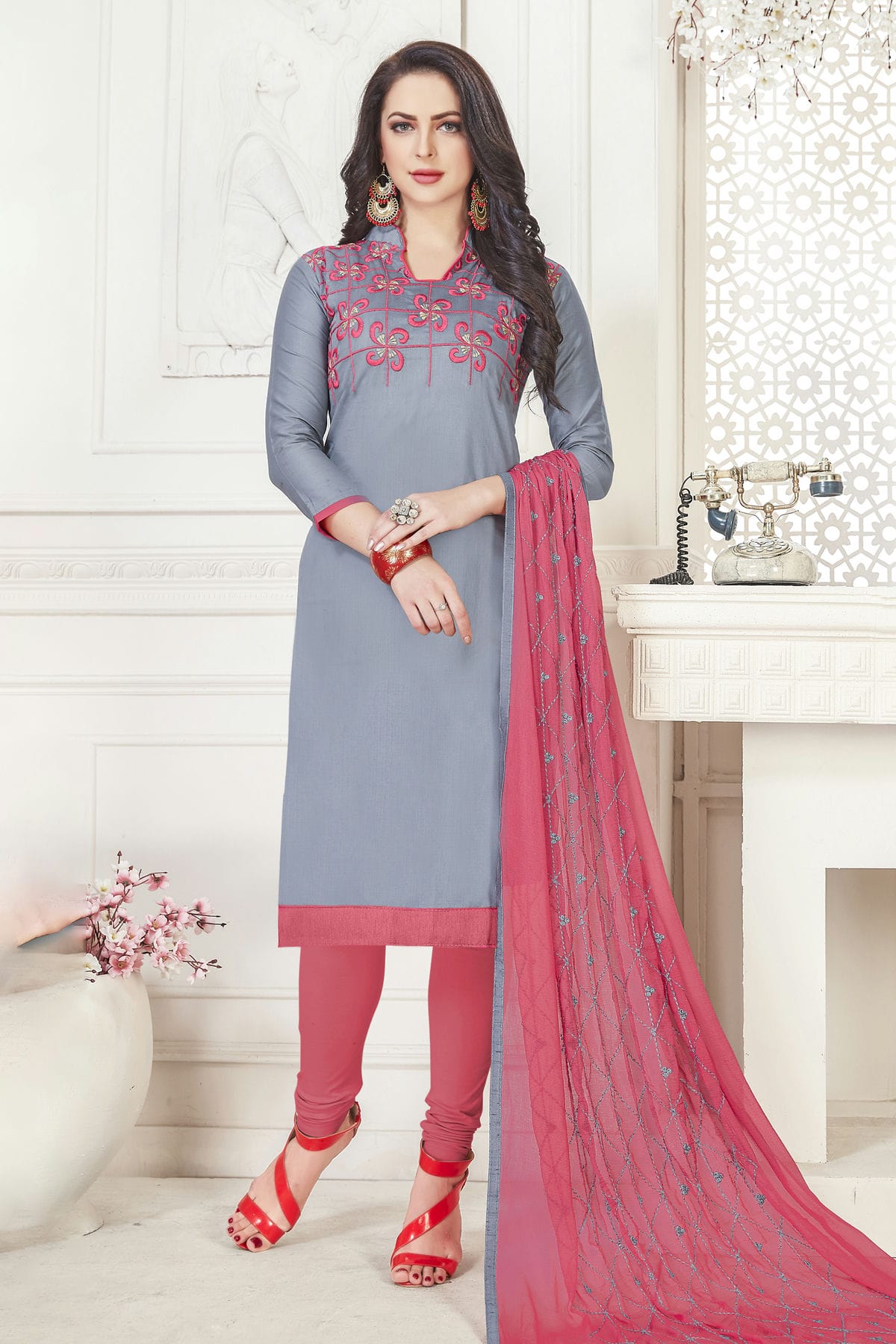 Grey Colour Unstitched Glace Cotton Churidar Suit