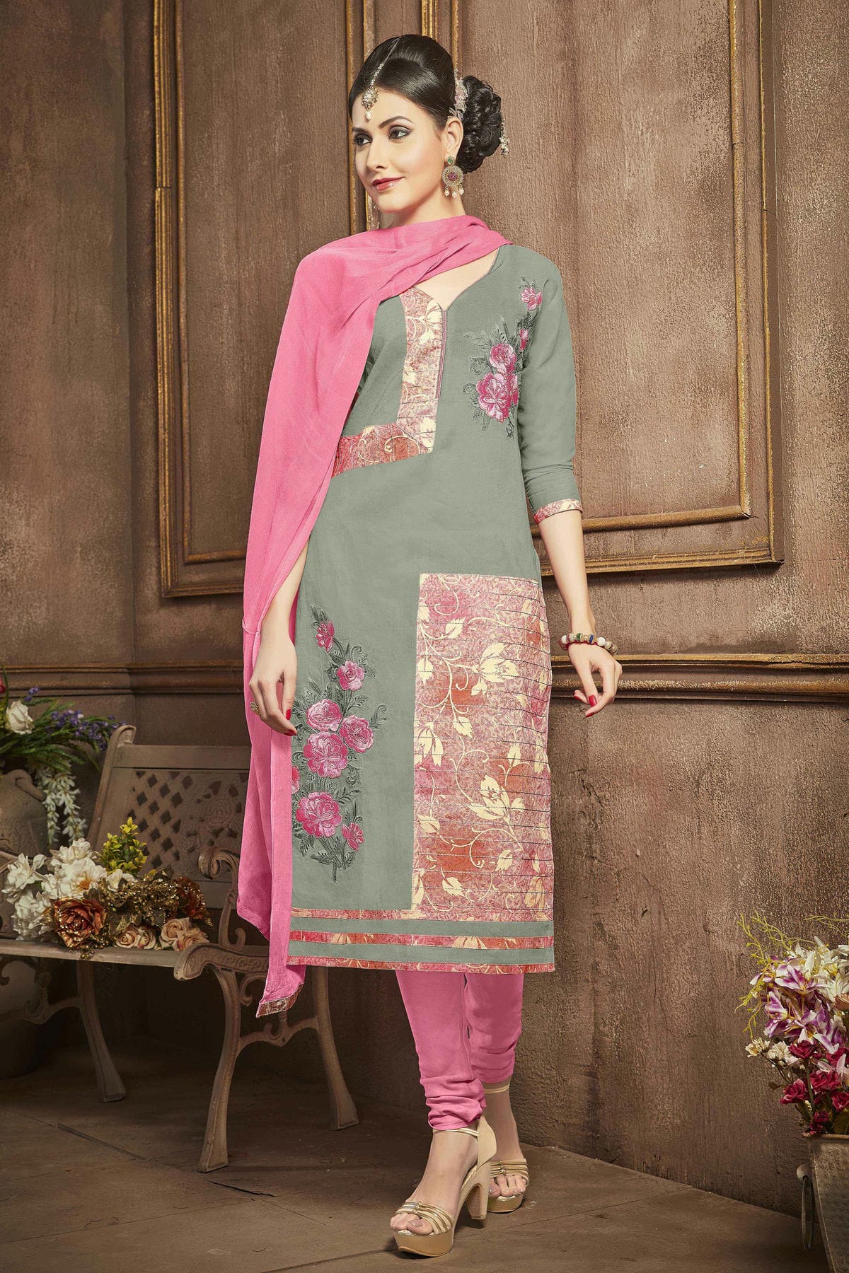 Grey Colour Unstitched Glaze Cotton Churidar Suit