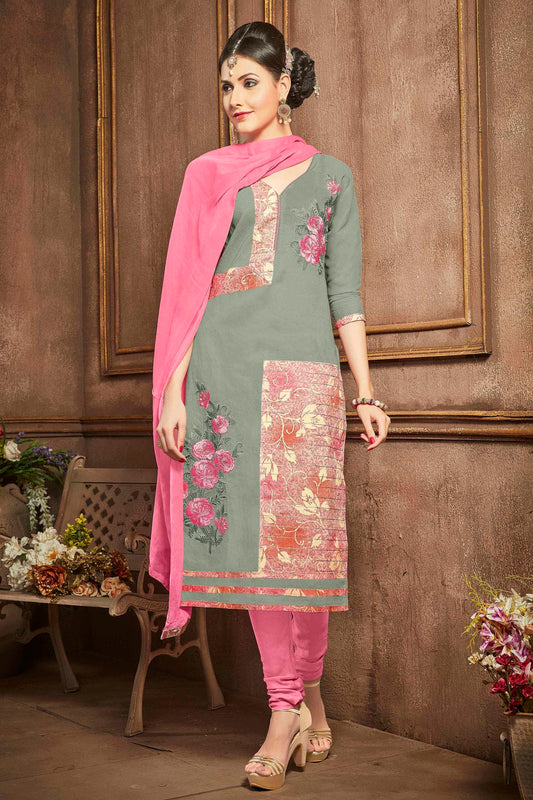 Grey Colour Unstitched Glaze Cotton Churidar Suit