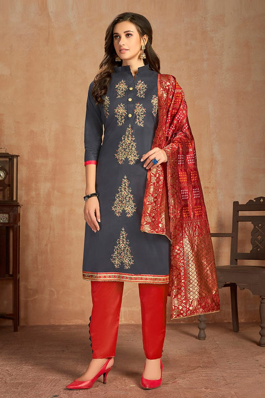 Grey Colour Unstitched Glaze Cotton Pant Style Suit