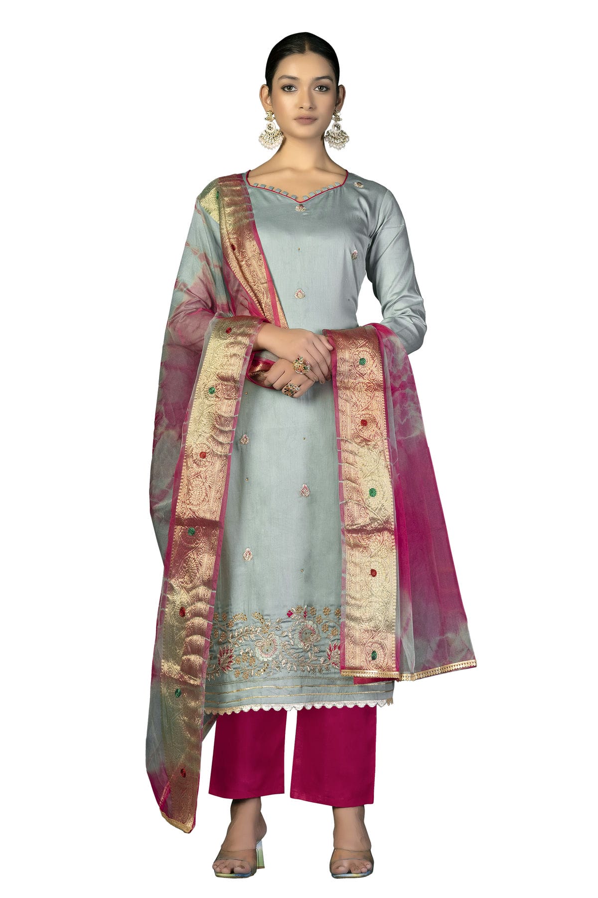 Grey Colour Unstitched Jam Cotton Fabric Straight Suit