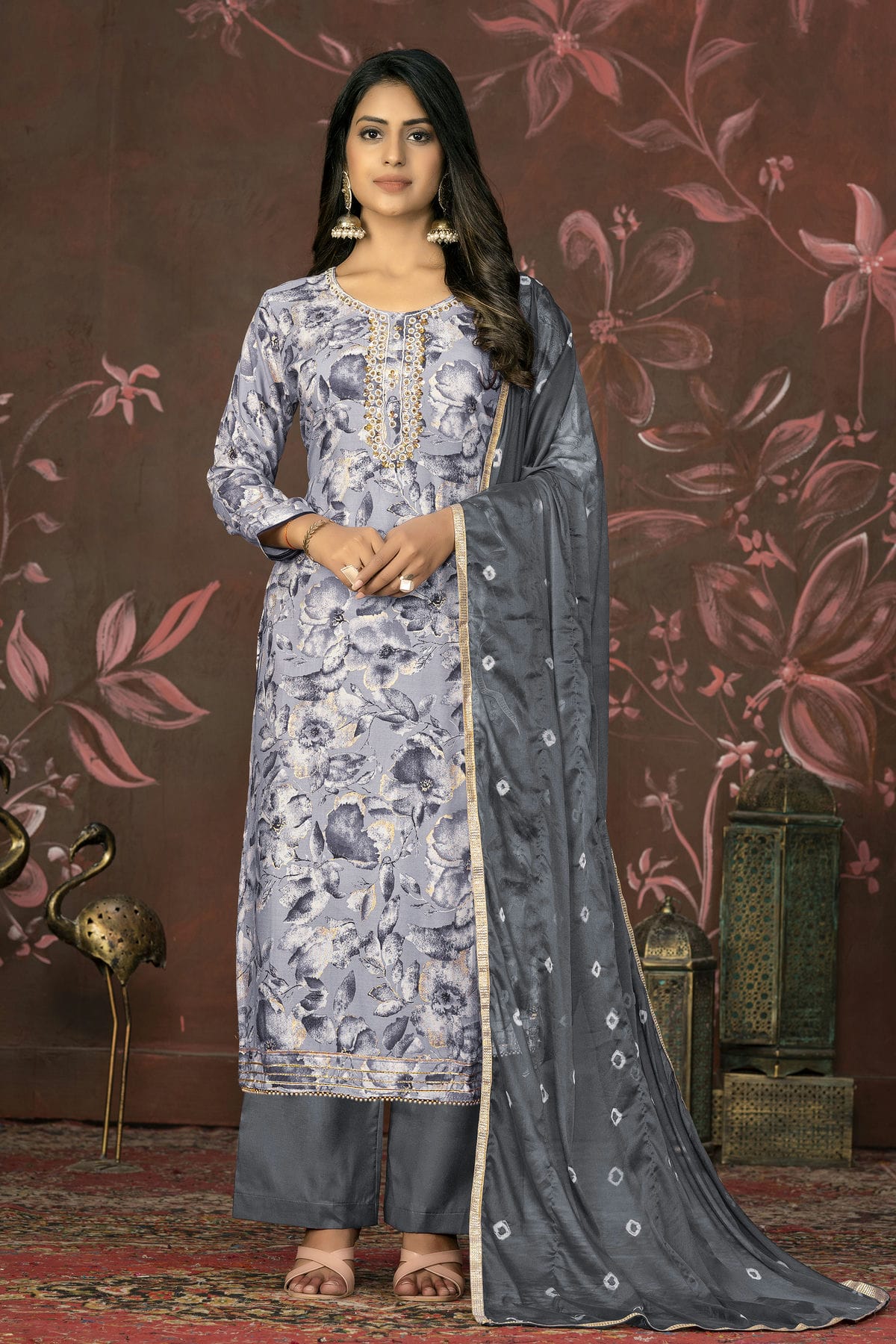 Grey Colour Unstitched Jam Cotton Straight Suit