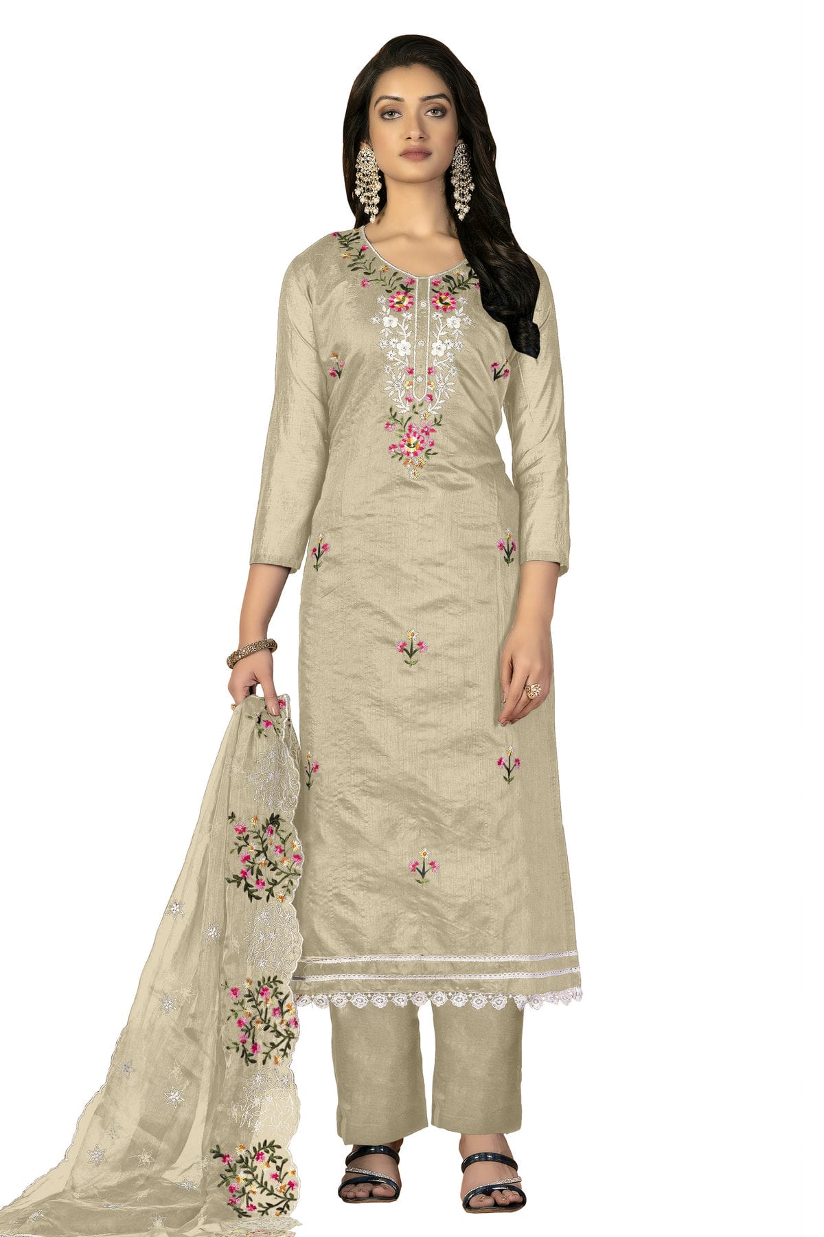 Grey Colour Unstitched Modal Chanderi Fabric Straight Suit