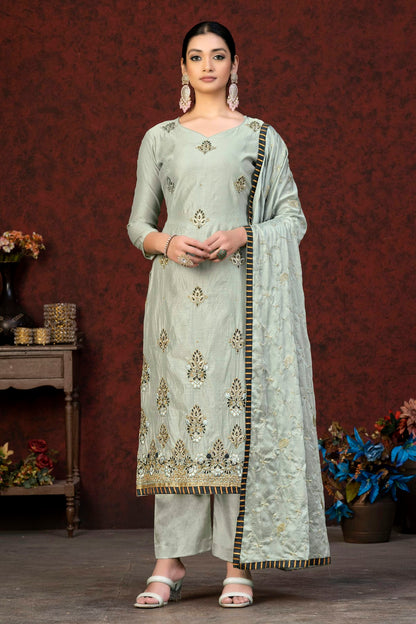 Grey Colour Unstitched Modal Chanderi Fabric Straight Suit