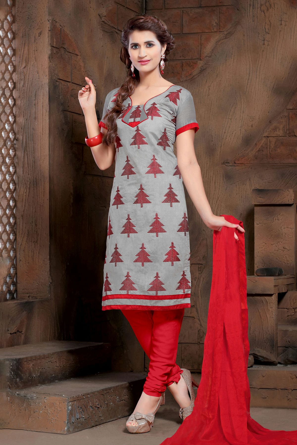 Grey Colour Unstitched Modal Cotton Churidar Suit