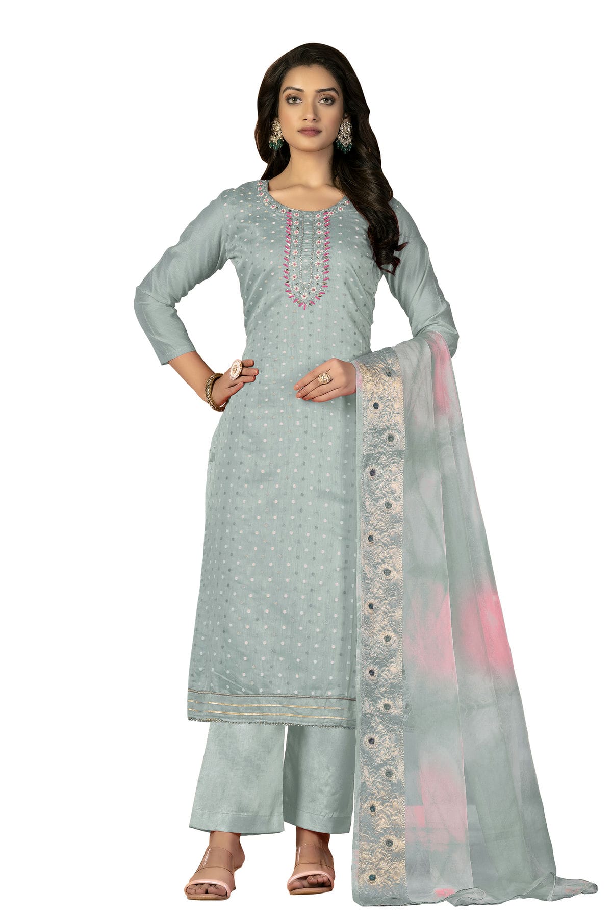 Grey Colour Unstitched Modal Cotton Jacquard Fabric Straight Suit