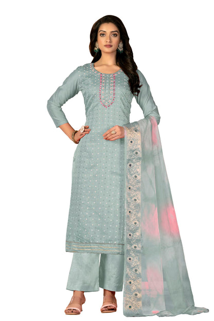 Grey Colour Unstitched Modal Cotton Jacquard Fabric Straight Suit