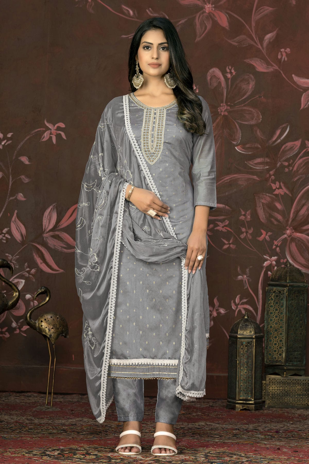 Grey Colour Unstitched Modal Cotton Pant Style Suit