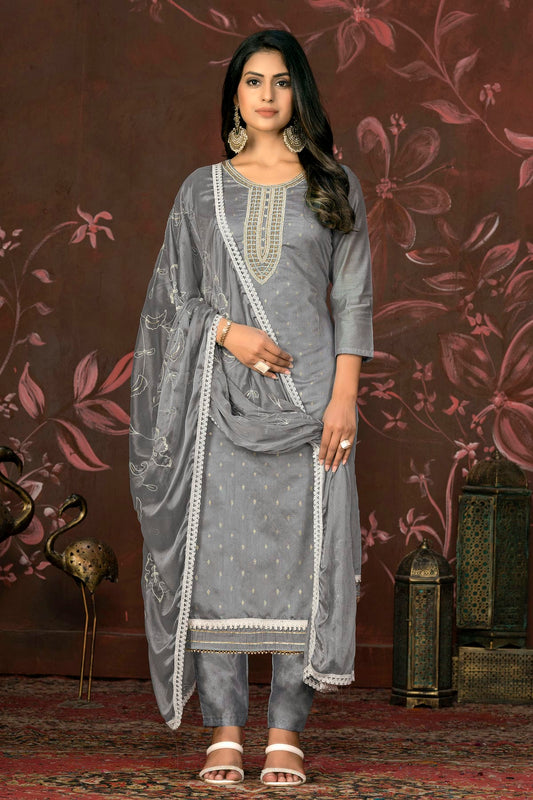 Grey Colour Unstitched Modal Cotton Pant Style Suit