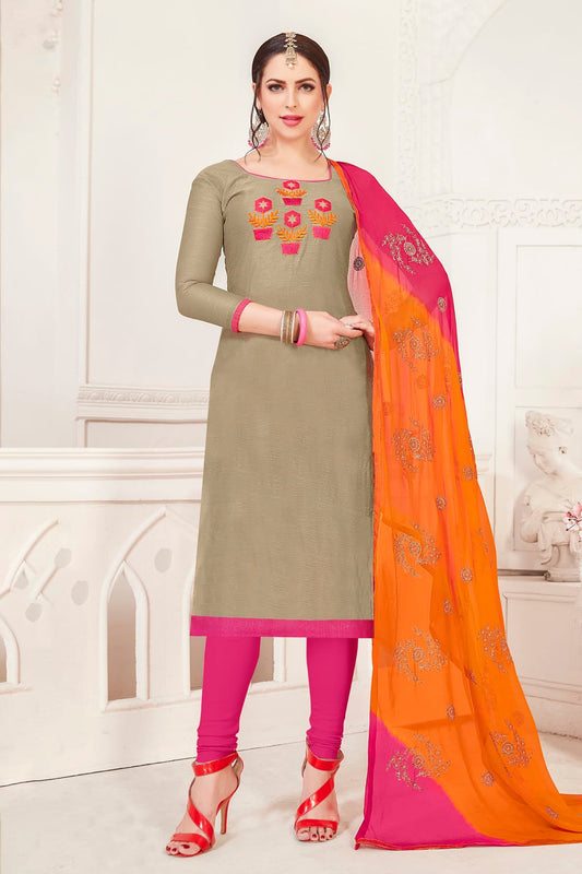 Grey Colour Unstitched Modal Silk Churidar Suit