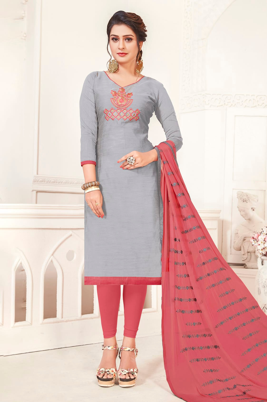 Grey Colour Unstitched Modal Silk Churidar Suit