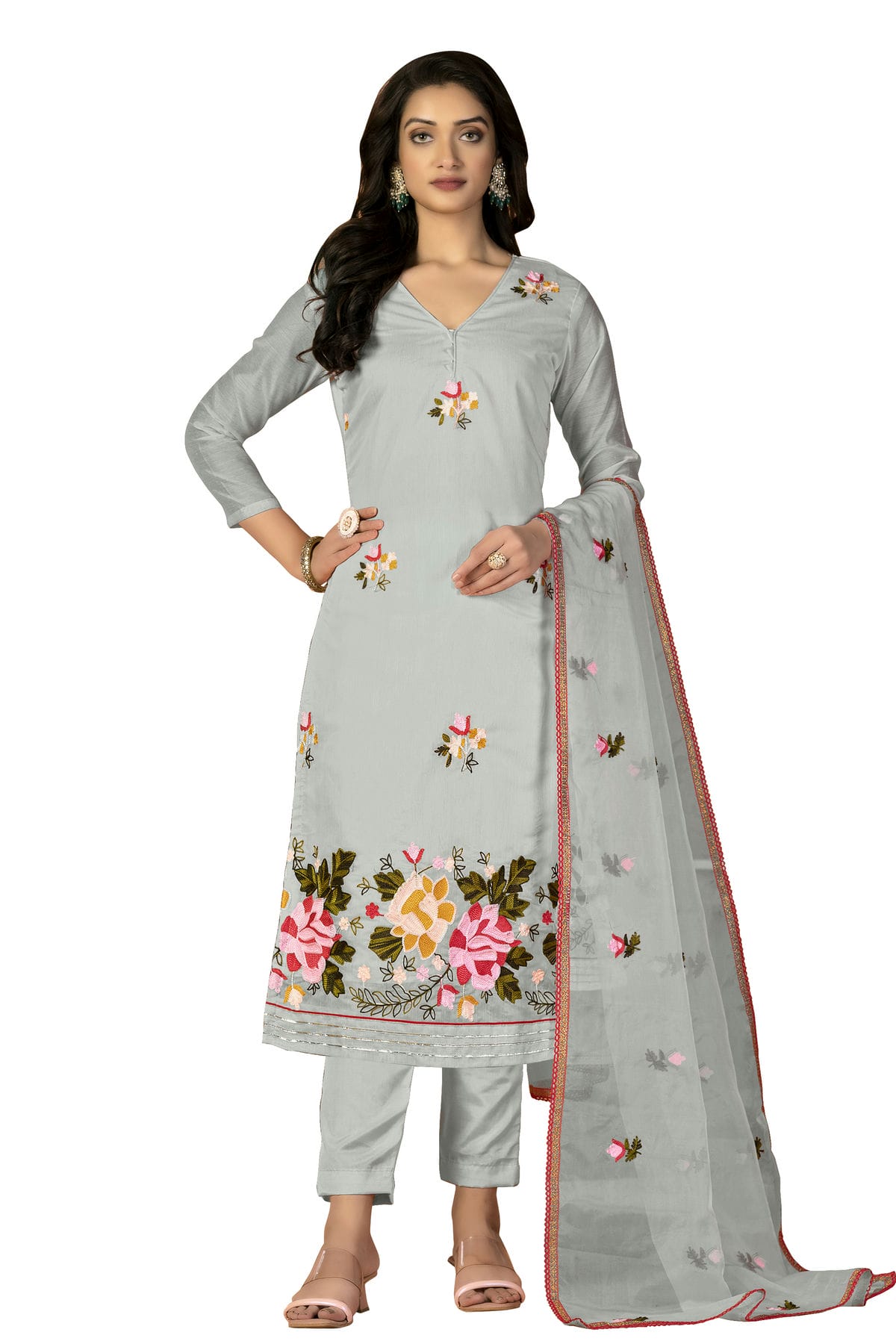 Grey Colour Unstitched Modal Silk Fabric Straight Suit