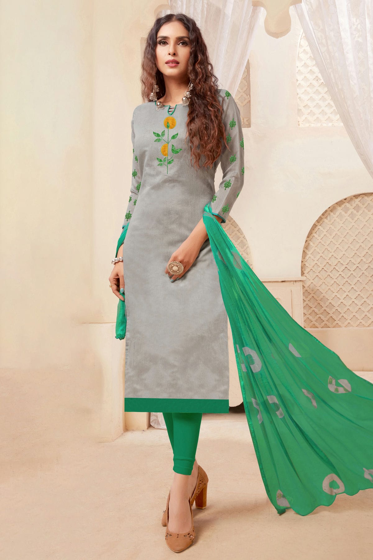 Grey Colour Unstitched Modal Silk Straight Suit