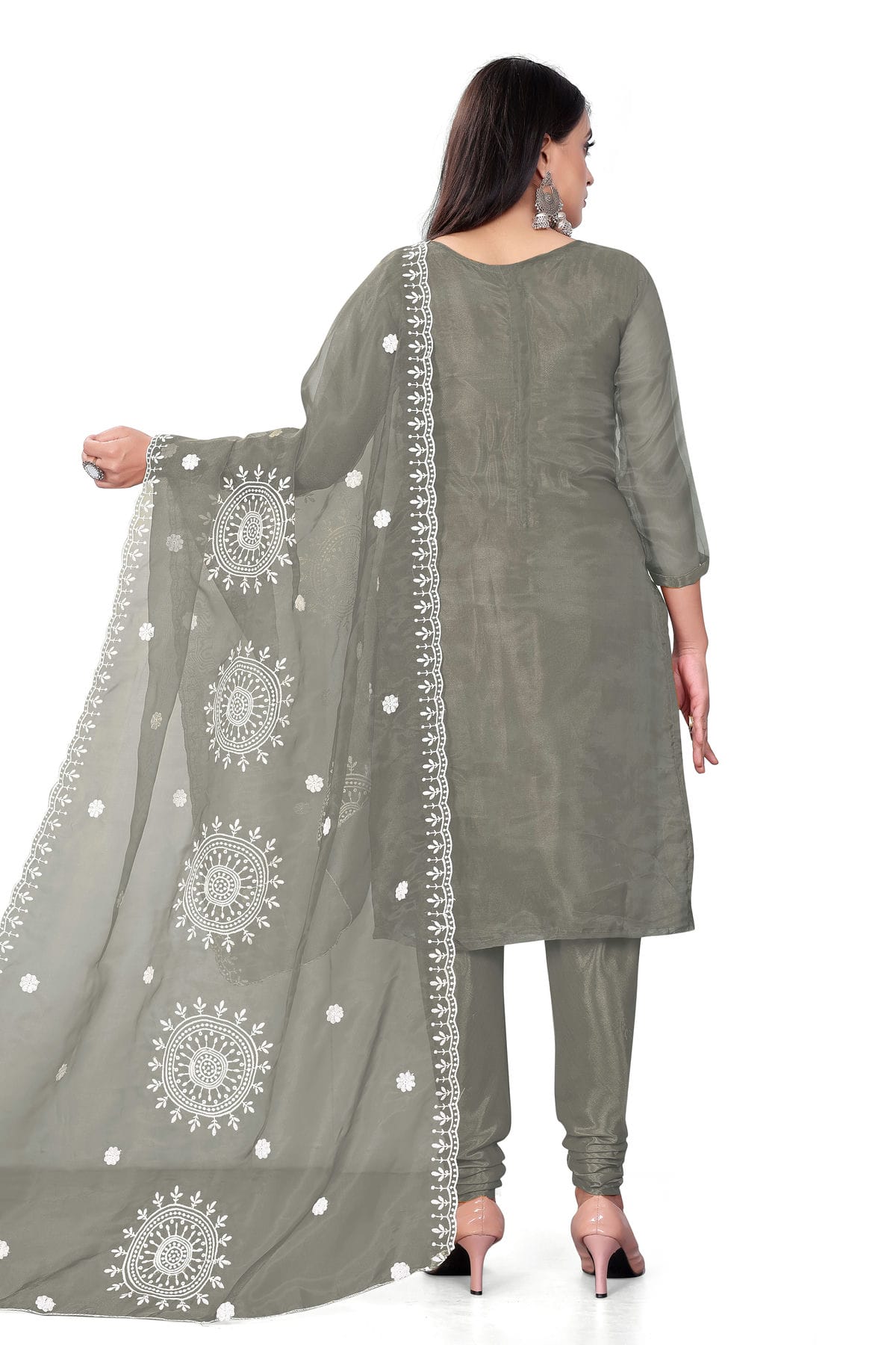 Grey Colour Unstitched Organza Churidar Suit