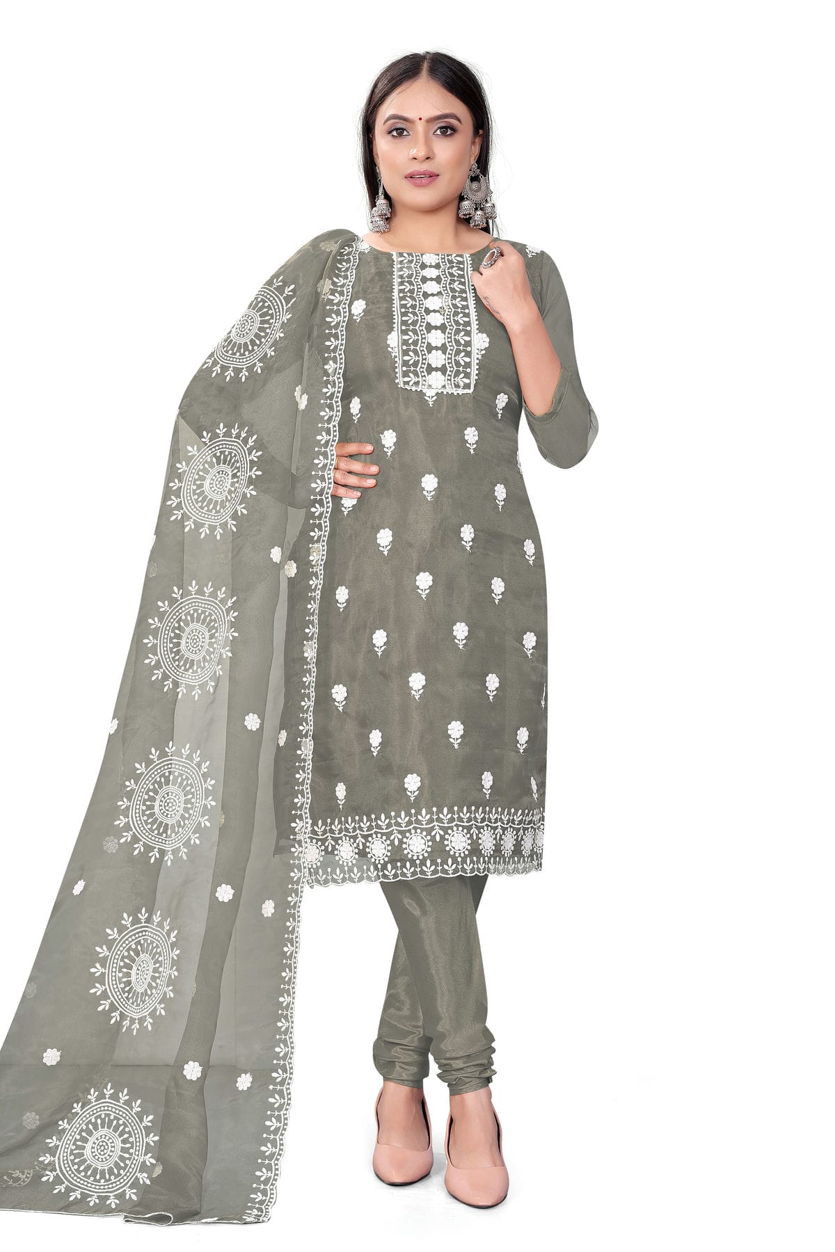 Grey Colour Unstitched Organza Churidar Suit