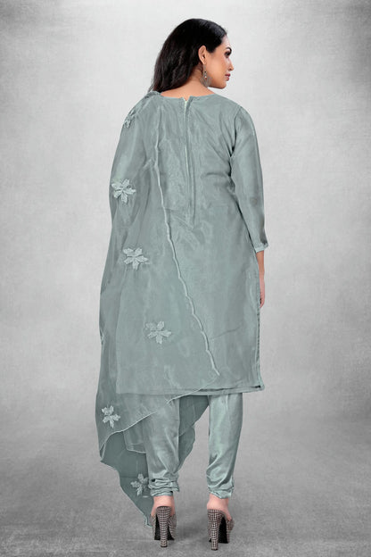 Grey Colour Unstitched Organza Churidar Suit