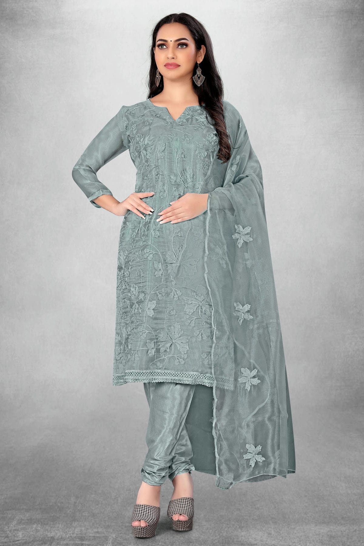 Grey Colour Unstitched Organza Churidar Suit