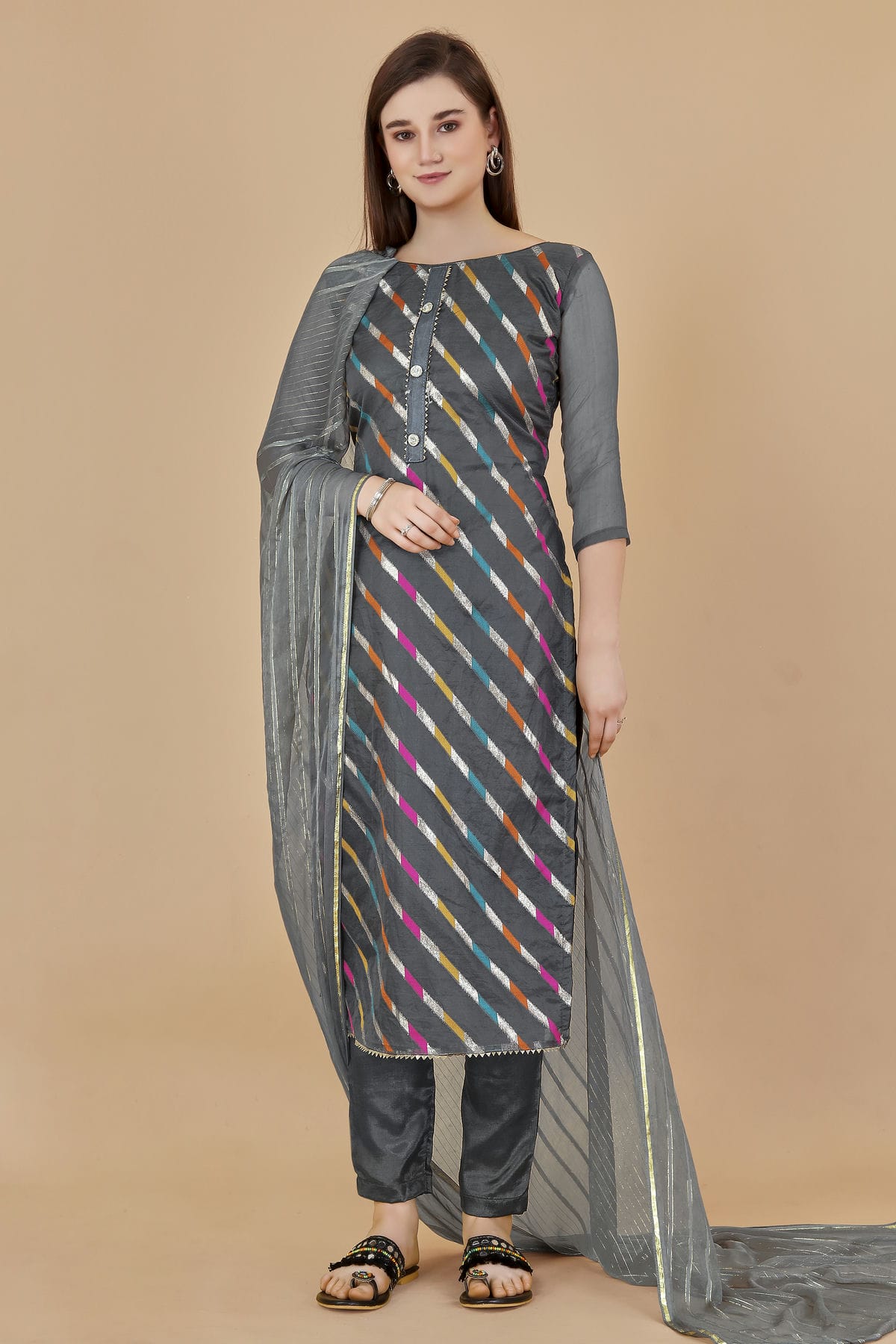 Grey Colour Unstitched Organza Jacquard Fabric Straight Suit