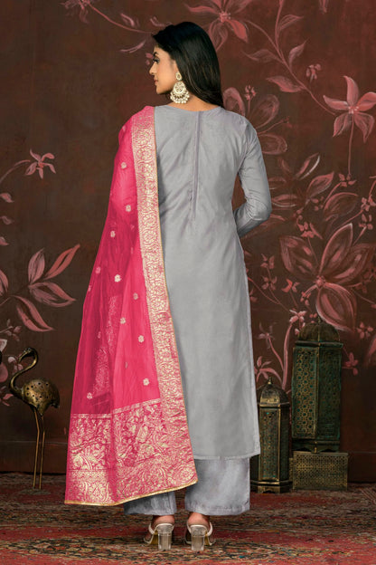 Grey Colour Unstitched Organza Jacquard Straight Suit