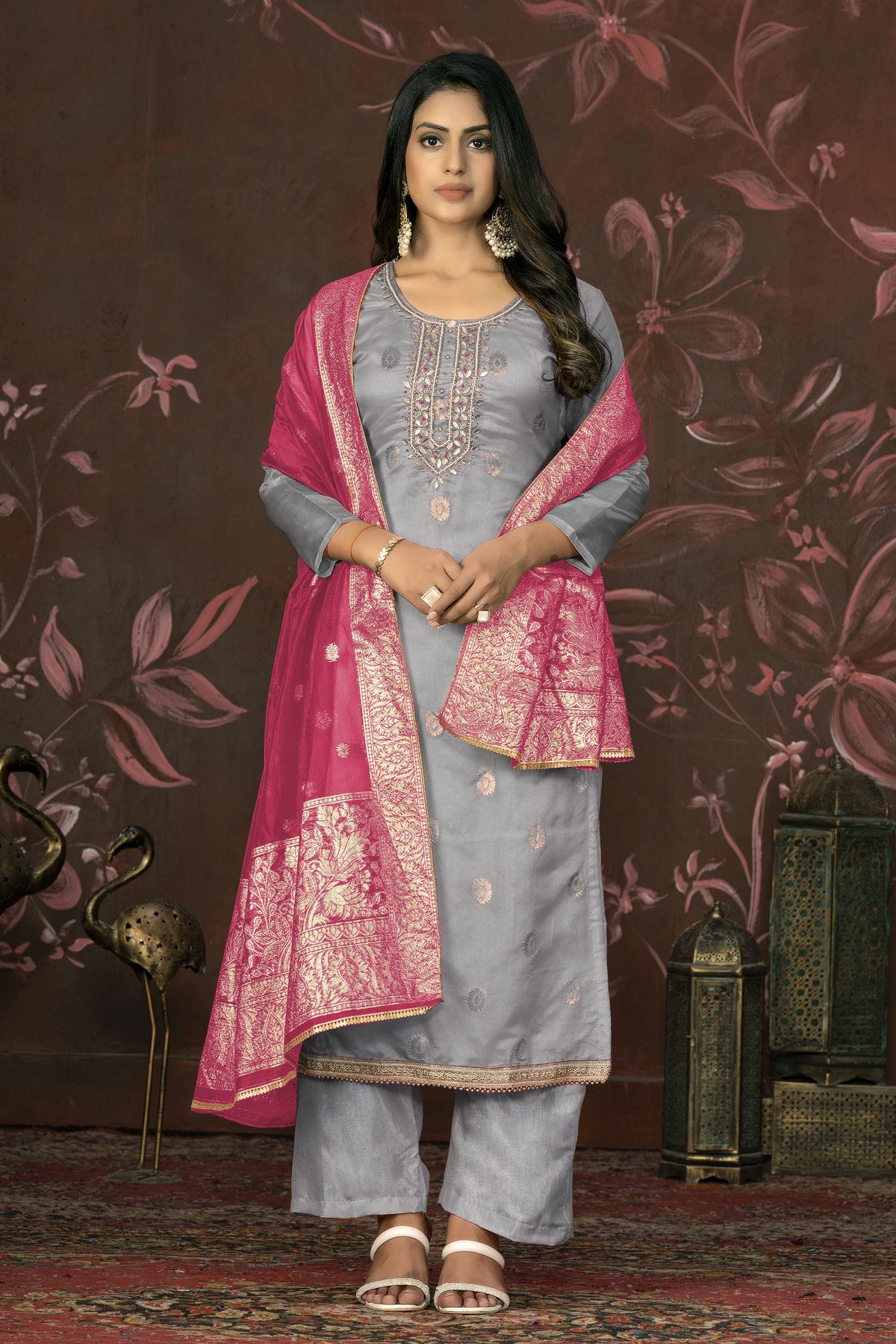 Grey Colour Unstitched Organza Jacquard Straight Suit