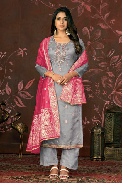 Grey Colour Unstitched Organza Jacquard Straight Suit