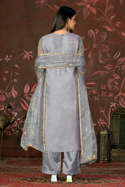 Grey Colour Unstitched Organza Jacquard Straight Suit