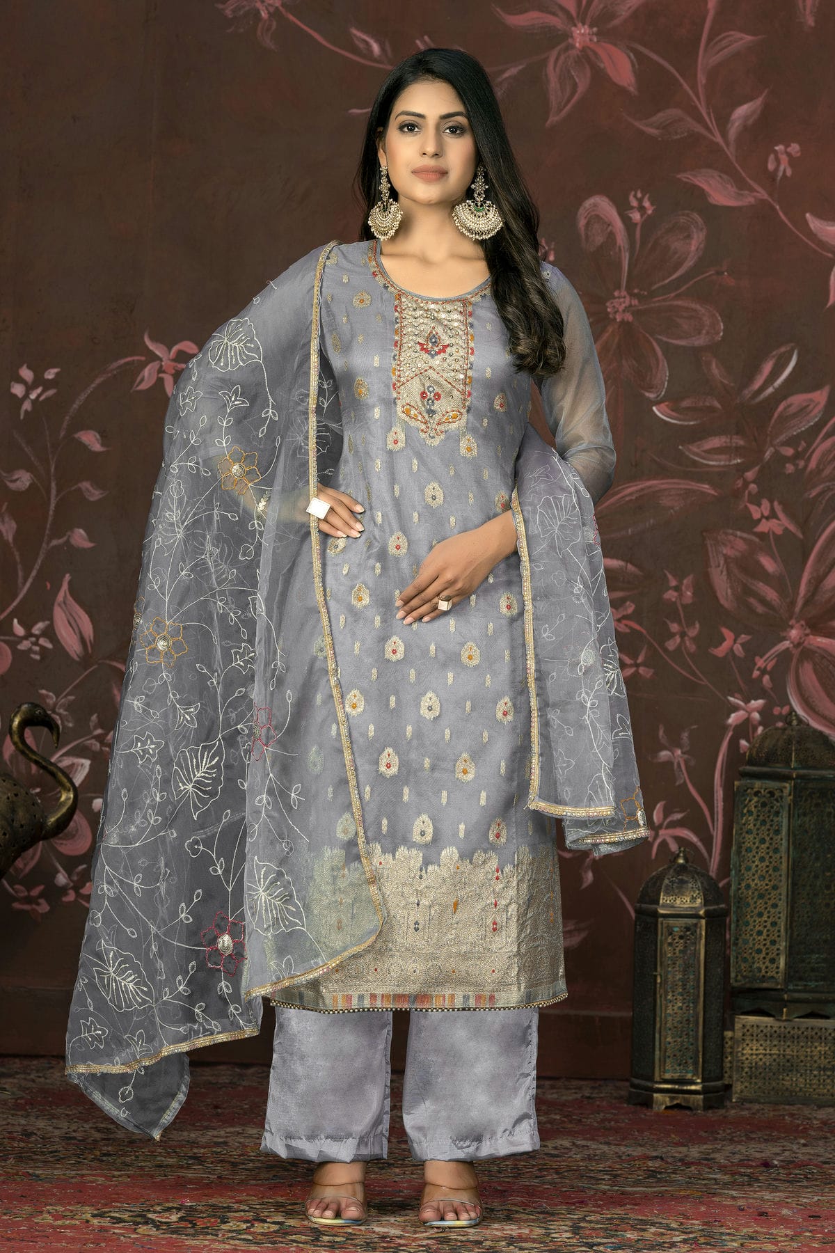 Grey Colour Unstitched Organza Jacquard Straight Suit