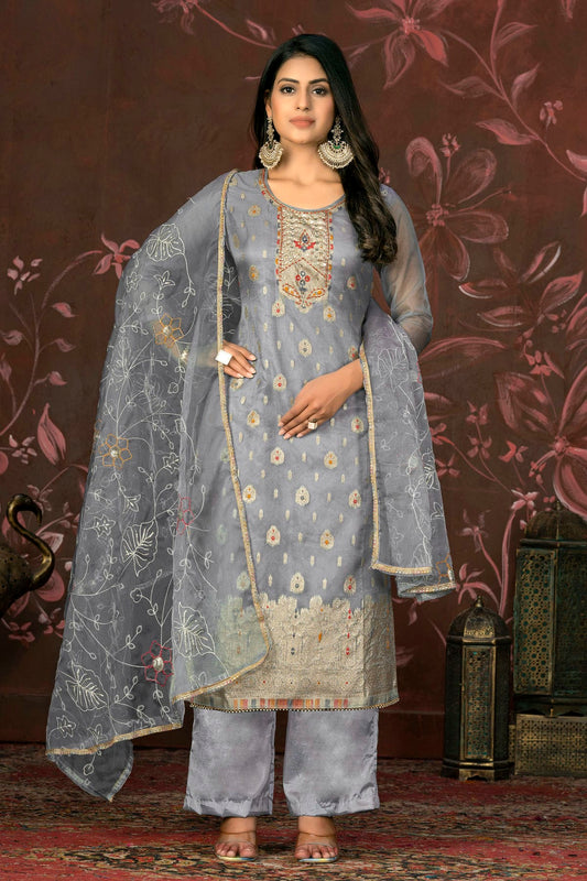 Grey Colour Unstitched Organza Jacquard Straight Suit