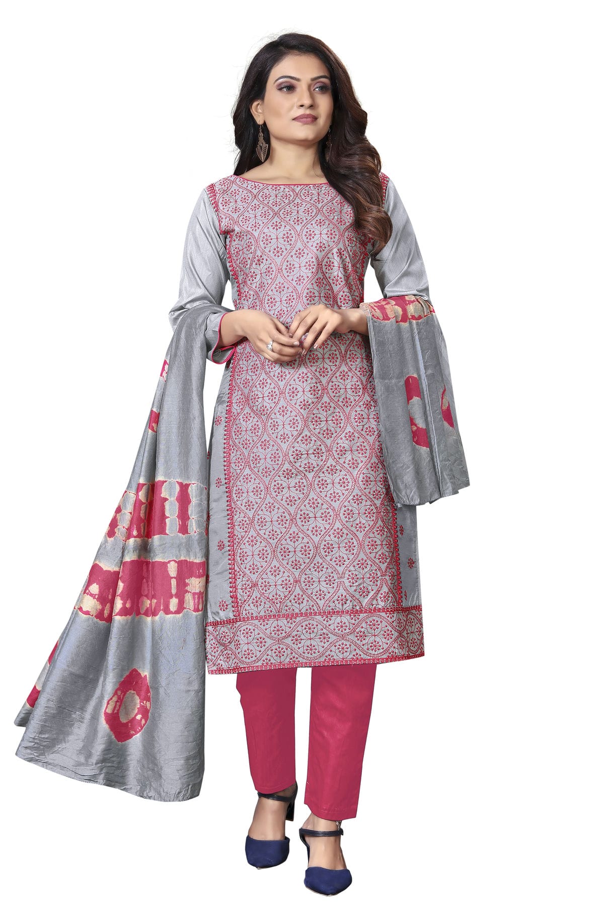 Grey Colour Unstitched Silk Straight Suit