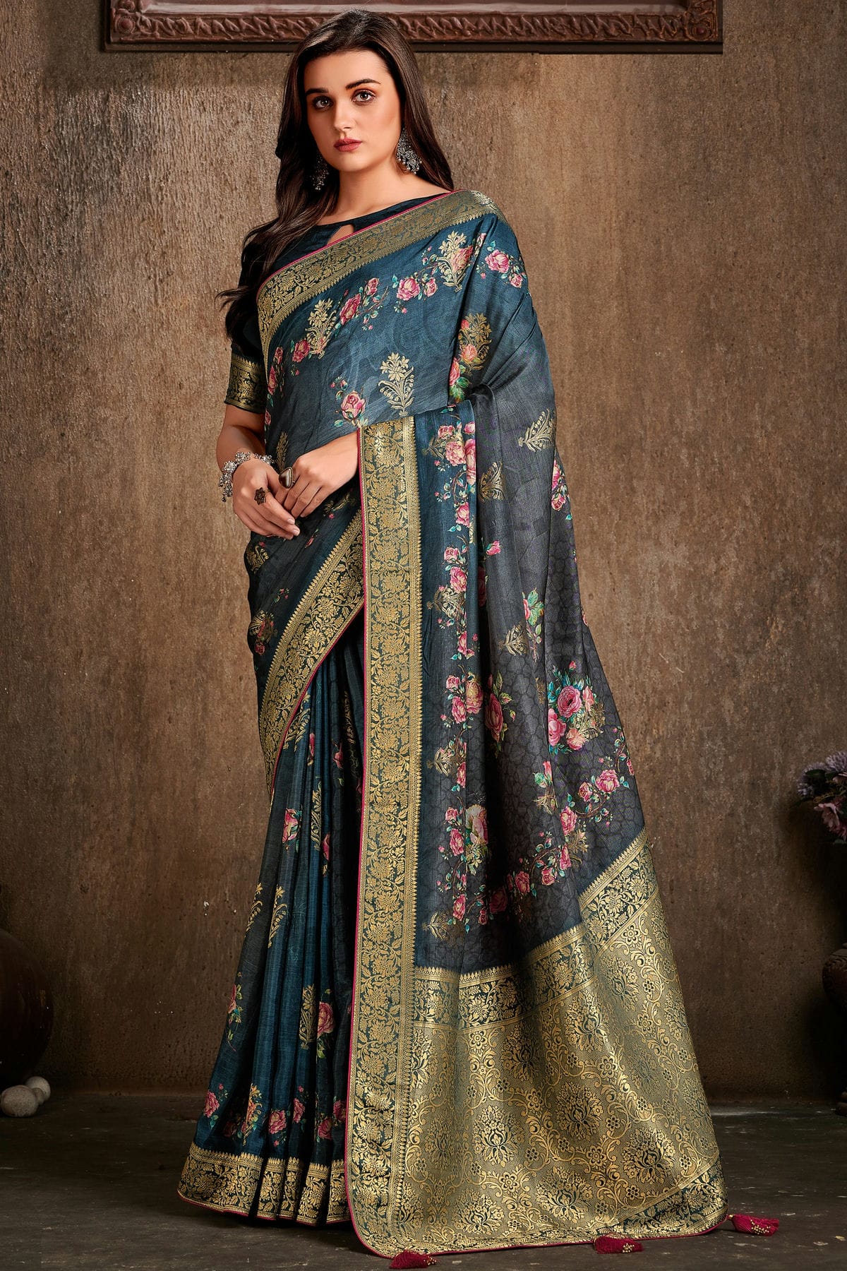 Grey Colour Viscose Silk Printed Saree