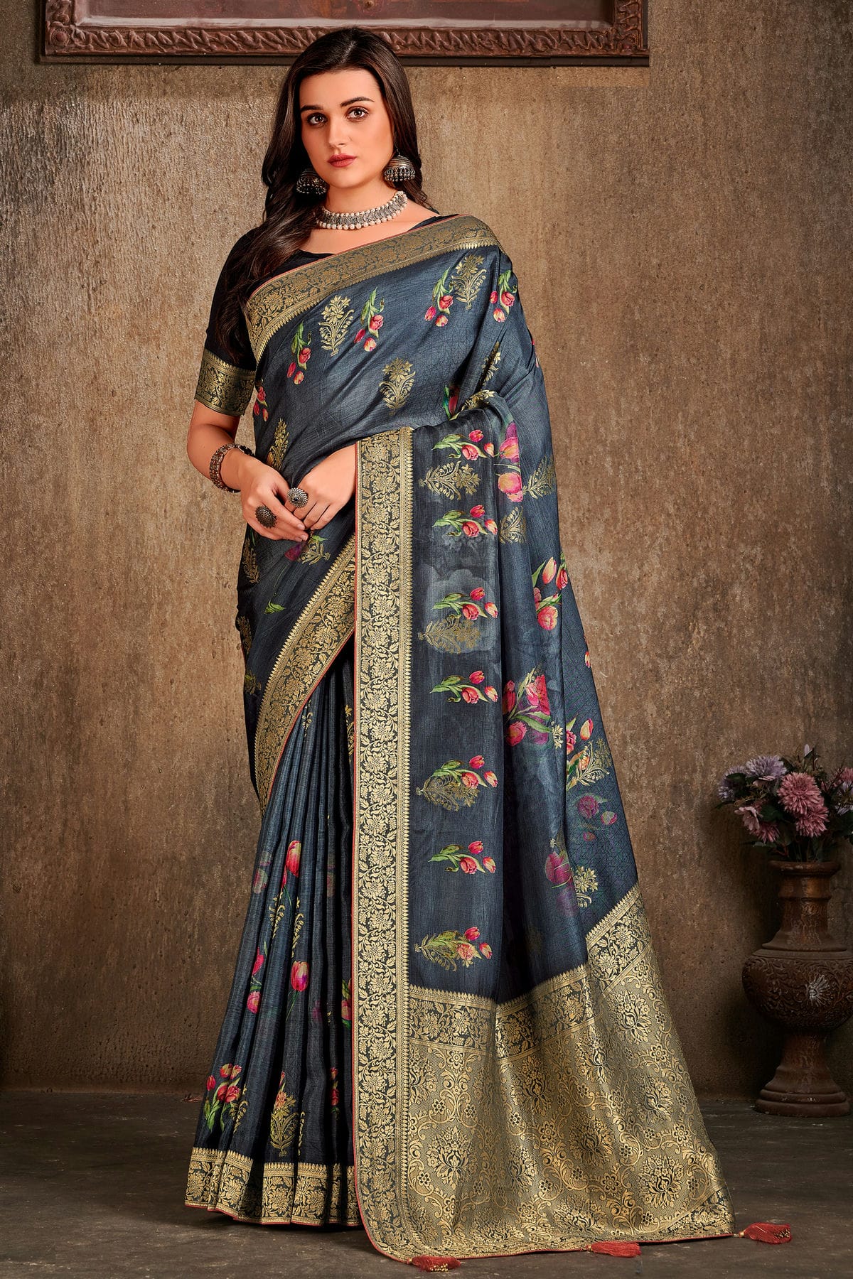 Grey Colour Viscose Silk Printed Saree