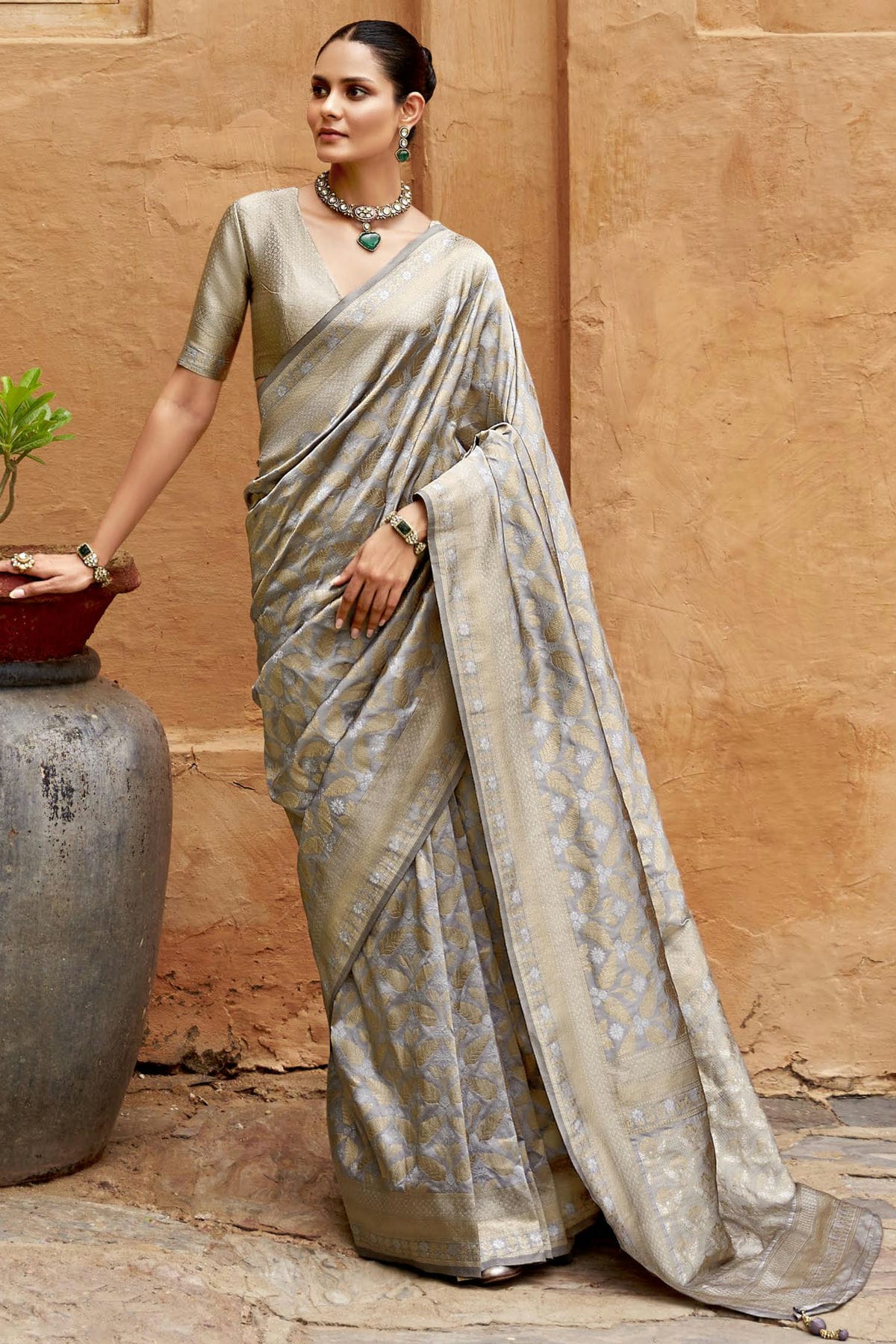 Grey Colour Viscose Silk Traditional Saree